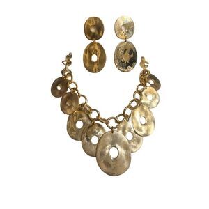 Gold Metal Statement Necklace with Matching Post Earrings